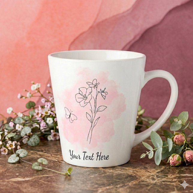 Personalisierter moderner rosa Wasserfarben-Kaffee Milchtasse (Modern minimal style coffee mug with pink watercolor splash, line art, and a customizable text)