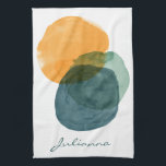 Personalisierter moderner Wasserfarbkreis Abstrakt Geschirrtuch<br><div class="desc">Dieses personalisierte Küchentuch überlagert Aquarellkreise in sanften Orangen, Salbei Grün und Marineblau, mit einem eigenen Skriptnamen unten. Dieses Design eignet sich perfekt für Küchendekoration, Gaben von Gastgebern oder den Alltag und fügt jedem Kochbereich eine moderne und künstlerische Touch hinzu. Eine stilvolle Option für Neuvermählte, Mütter oder alle, die Lieben nachdenkliche...</div>