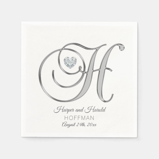 Personalisierter Monogram Letter H Silver Wedding Serviette (Vorderseite)