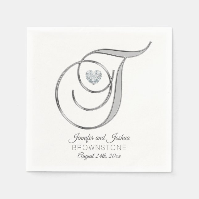Personalisierter Monogram Letter T Silver Wedding Serviette (Vorderseite)