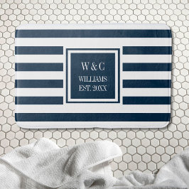 Personalisierter Monogram Navy Blue White Strip Badematte