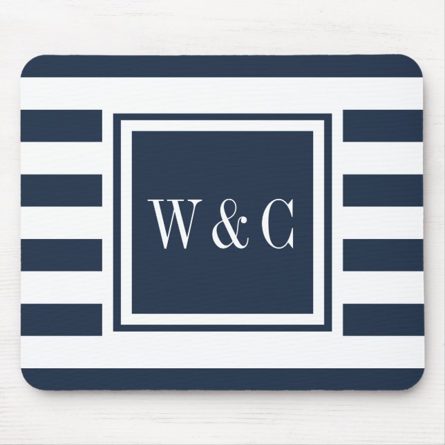 Personalisierter Monogram Navy Blue White Strip Mousepad (Vorne)