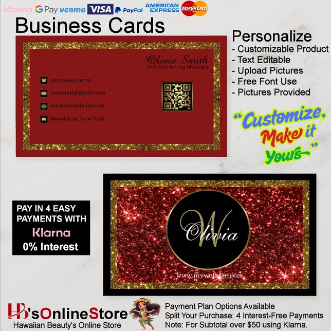 Personalisierter Monogram Red Gold Glitzer QR Code Visitenkarte (Personalized Monogram Red Gold Glitter QR Code Business Card 21.)