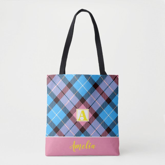 Personalisierter Monogram Script Name blue Tartan  (Vorderseite)
