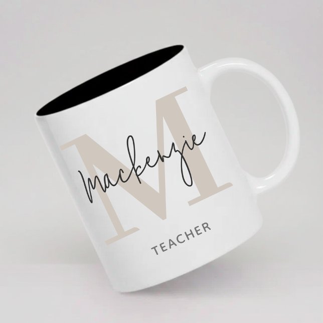 Personalisierter Monogramm-Becher Abschlussgeschen Kaffeetasse (Personalized Greige Monogram Mug Graduation Birthday Gift for Her, Him, Friends or Coworkers)