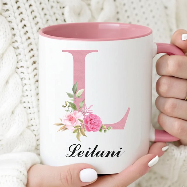 Personalisierter Monogramm-Becher mit rosa Rosen a Tasse (Custom Pink Rose Floral Monogram Mug Gift for Her, Floral Rose Monogram Coffee Mug Mother’s Day Gift)