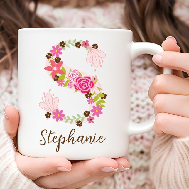 Personalisierter Monogramm-Blumenbuchstabe S Kaffeetasse (Personalized Monogram Floral Letter S Coffee Mug)