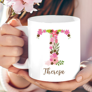 Personalisierter Monogramm-Blumenbuchstabe T Kaffeetasse