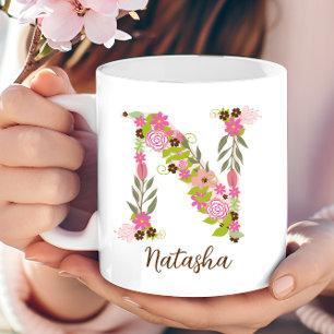 Personalisierter Monogramm Floral Letter N Kaffeetasse
