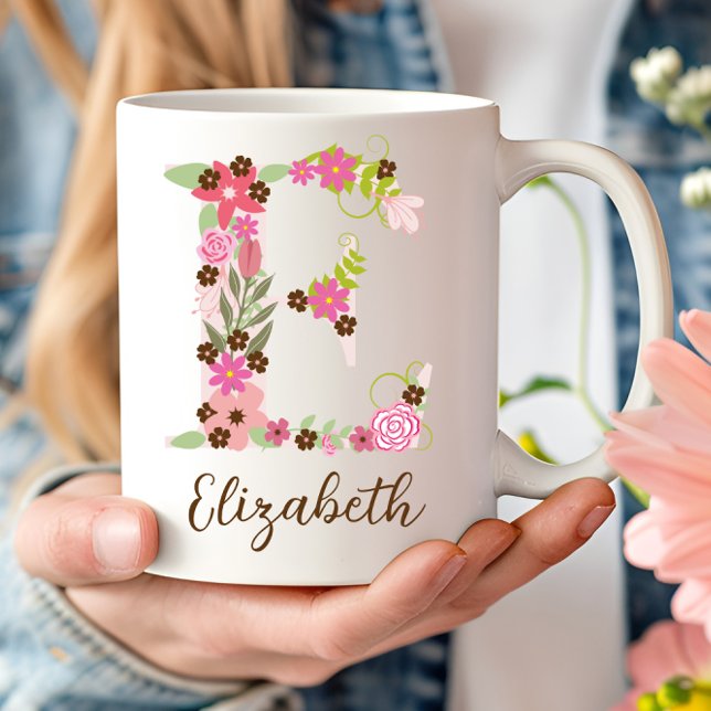 Personalisierter Monogramm floraler Letter E Kaffeetasse (Personalized Monogram Floral Letter E Coffee Mug)