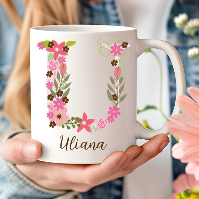 Personalisierter Monogramm floraler Letter U Kaffeetasse (Personalized Monogram Floral Letter U Coffee Mug)