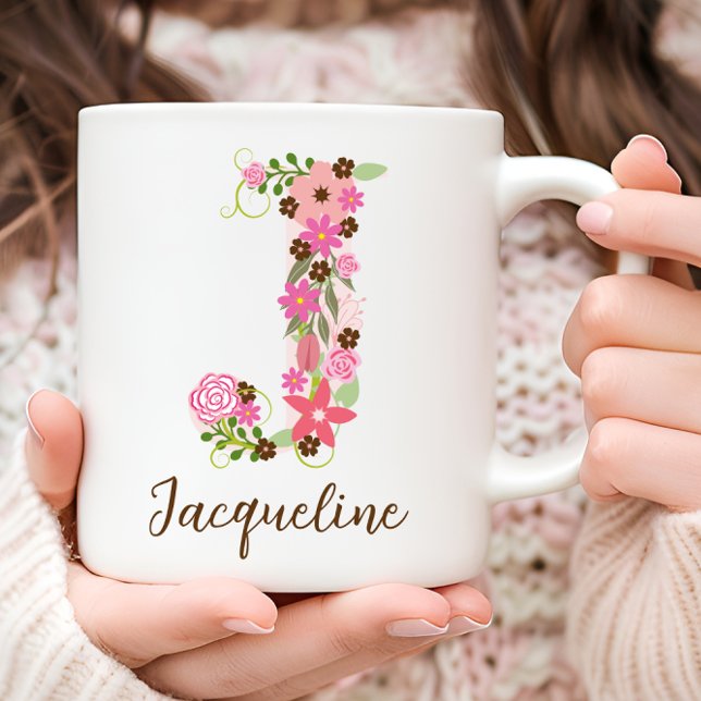 Personalisierter Monogramm-FlorLetter J Kaffeetasse (Personalized Monogram Floral Letter J Coffee Mug)