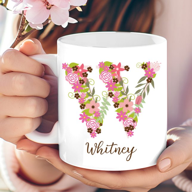 Personalisierter Monogramm FlorLetter W Kaffeetasse (Personalized Monogram Floral Letter W Coffee Mug)