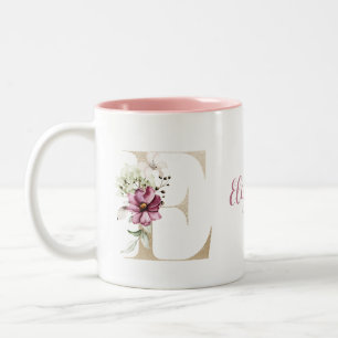 Personalisierter Monogramm-Goldbuchstabe E mit ros Zweifarbige Tasse