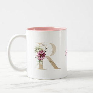 Personalisierter Monogramm-Goldbuchstabe R Rosa Fl Zweifarbige Tasse