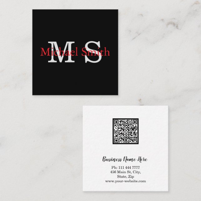 Personalisierter Monogramm-Minimalist B&W-QR-Code  Quadratische Visitenkarte (Vorne/Hinten)