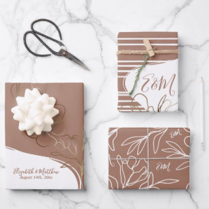 Personalisierter Monogramm-Mocha-Braun-Blumen-Hoch Geschenkpapier Set