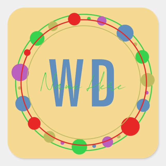Personalisierter Monogramm Name Farbkreise Gelb Quadratischer Aufkleber (Vorderseite)