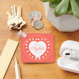 Personalisierter Monogramm Name Korallenweißes Her Schlüsselanhänger