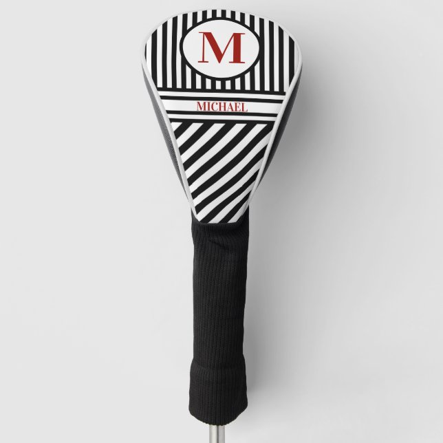 Personalisierter Monogramm Name Schwarz-weiß rot Golf Headcover (Vorderseite)