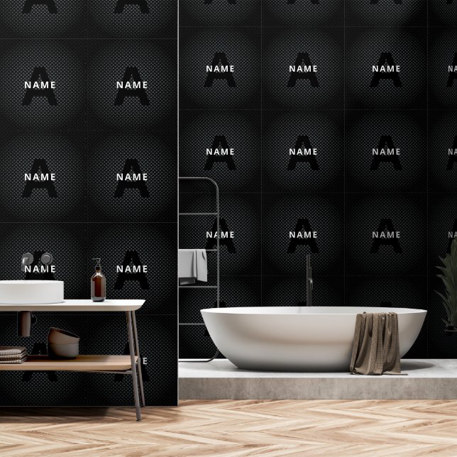 Personalisierter Monogramm Name Schwarz-Weiß-Textu Tapete (Badezimmer)