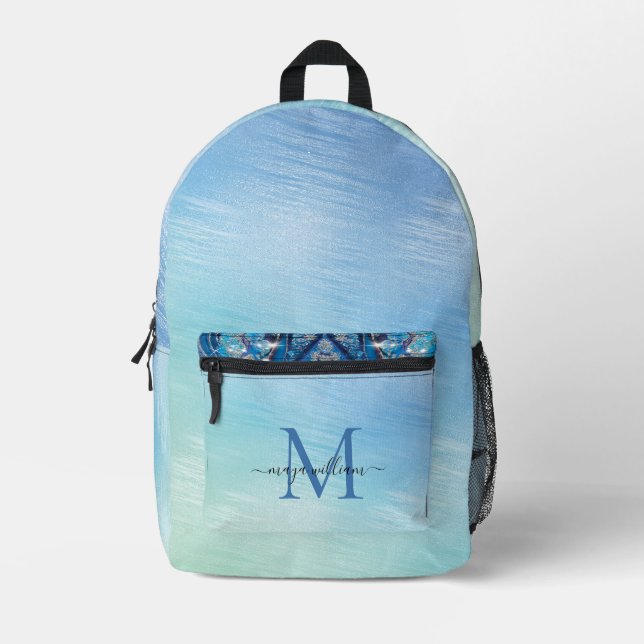 Personalisierter Monogramm Novy Blue Glitzer Bedruckter Rucksack (Vorderseite)