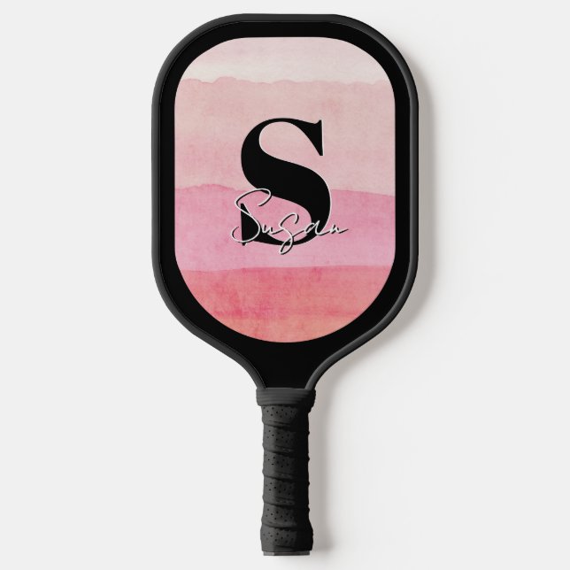 Personalisierter Monogramm-Rosa-Skriptname Pickleball Schläger (Vorderseite)