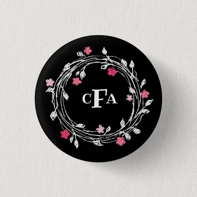 Personalisierter Monogramm-Schwarz-Weiß-Blumenkran Button (Vorderseite)