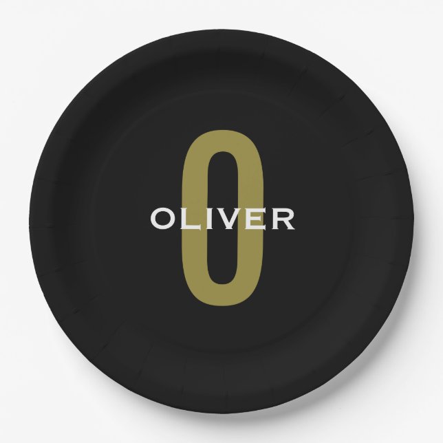 Personalisierter Monogramm Schwarzer Goldname Pappteller (Vorderseite)