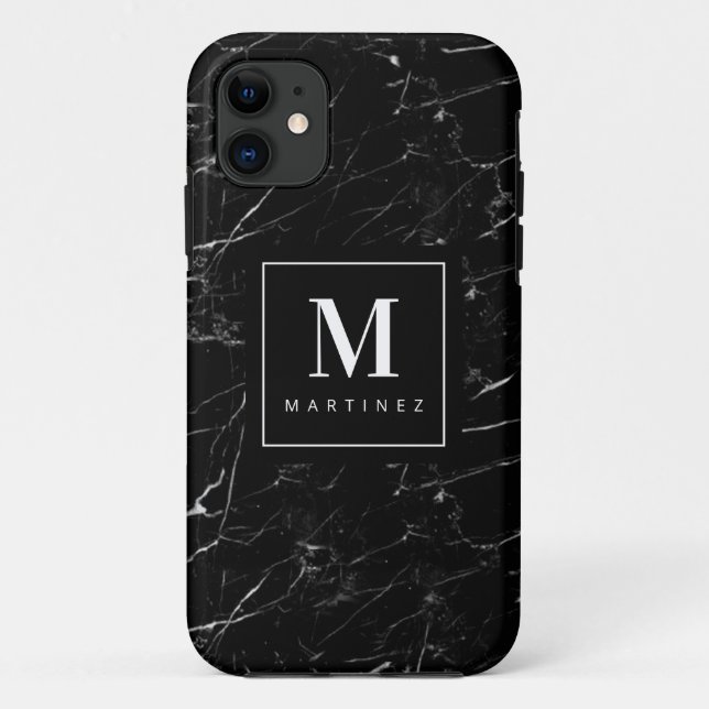 Personalisierter Monogramm-Schwarzer Marmor Case-Mate iPhone Hülle (Rückseite)