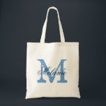 Personalisierter Monogramm Totbeutel | Blau und We Tragetasche<br><div class="desc">Personalisierter Name Monogramm Totbeutel | Blau und Weiß der Marine. Elegantes Logo-Design mit mit Monogramm Buchstaben-Initialen. Niedliche Vintage Geschenkidee für Braut,  Blume Mädchen,  Trauzeugin und Brautmädchen bei Hochzeiten.</div>