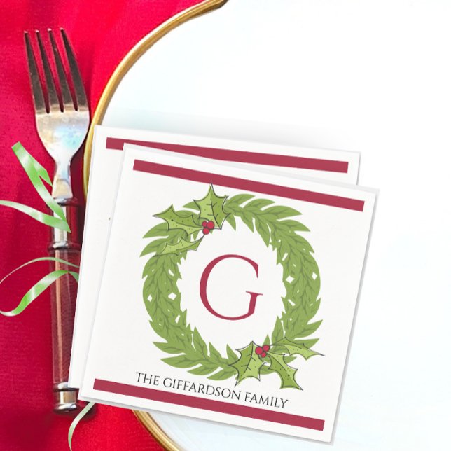 Personalisierter Monogramm-Weihnachtskranz-Cocktai Serviette (Personalized Monogram Christmas Wreath Red Green Custom Family Name Cocktail Drink Party Napkins)