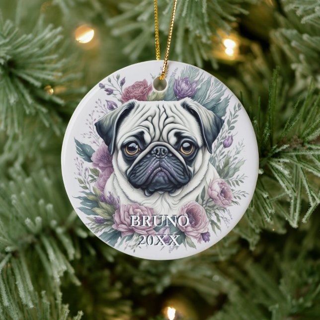 Personalisierter Mops Aquarellfarben Weihnachten Keramik Ornament (Baum)