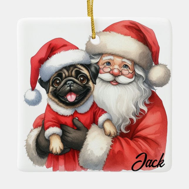 Personalisierter Mops Hund mit Santa Keramikornament (Vorderseite)