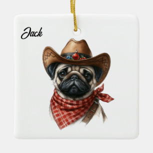 Personalisierter Mops mit Cowboy-Weihnachtsmannmüt Keramikornament
