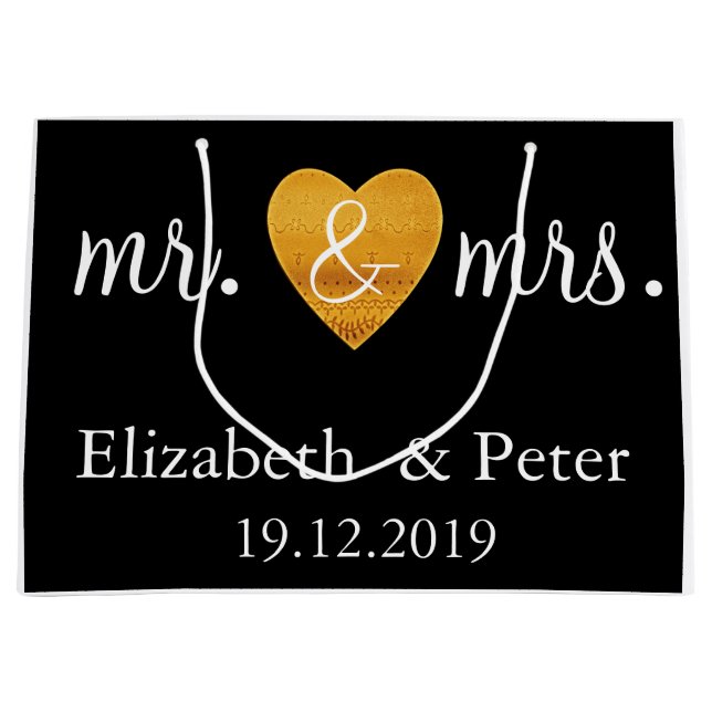 Personalisierter Mr. and Mrs. Gold Liebe Heart Wed Große Geschenktüte (Vorderseite)