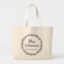 Personalisierter Mrs-Kranz-Hochzeitsdatum-Tote Jumbo Stoffbeutel
