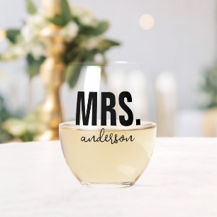 Personalisierter MRS-Name Wedding Newlywed Weinglas Ohne Stiel