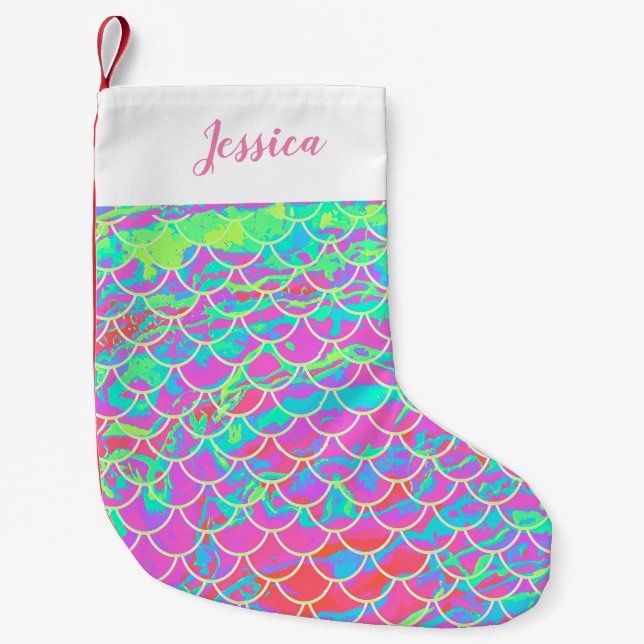 Personalisierter Multi-Pink Mermaid Scale Strumpf Kleiner Weihnachtsstrumpf (Vorderseite)
