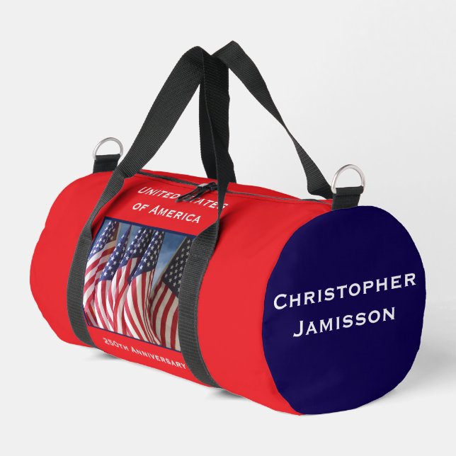 Personalisierter Name 250 Jubiläum USA Flaggen Duffle Bag (Linke Seite)