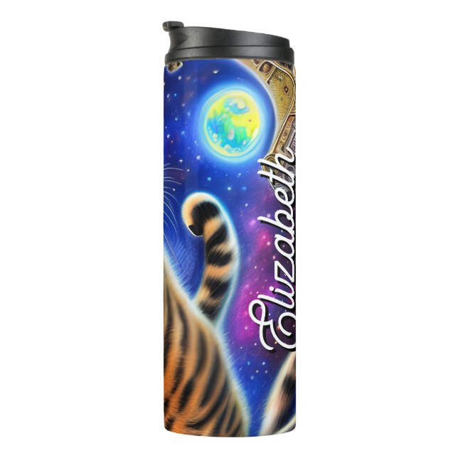 Personalisierter Name Alberne Katze in Space World Thermosbecher (Nach rechts gedreht)