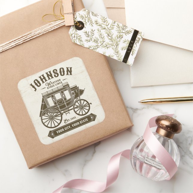 Personalisierter NAME Alte Western Stagecoach Befö Quadratischer Aufkleber (Schenken)