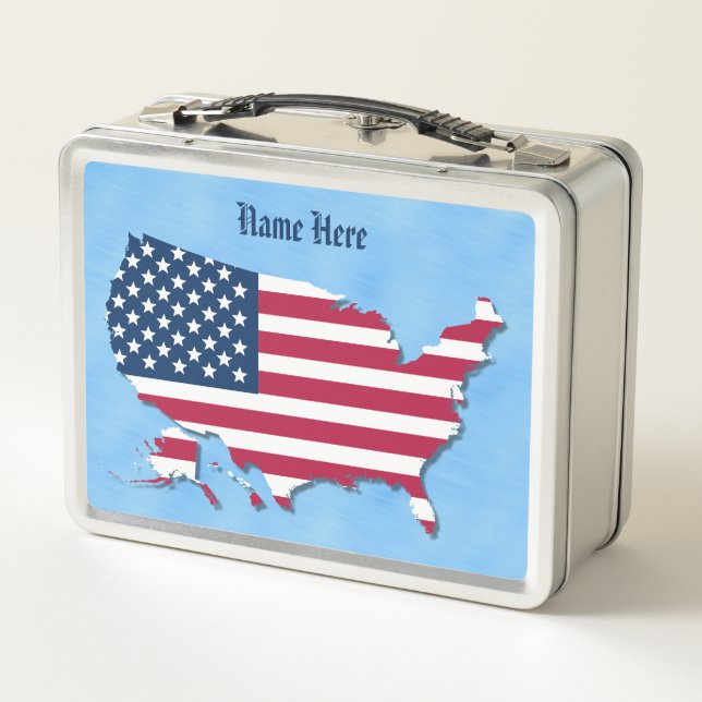 Personalisierter Name American Flag Map Blue Metall Brotdose (Rückseite)