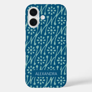 Personalisierter Name Aquamarin Blauer Boho Blumen iPhone 16 Hülle