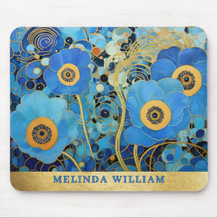 Personalisierter Name Art Blue Flowers Gold Abstra Mousepad