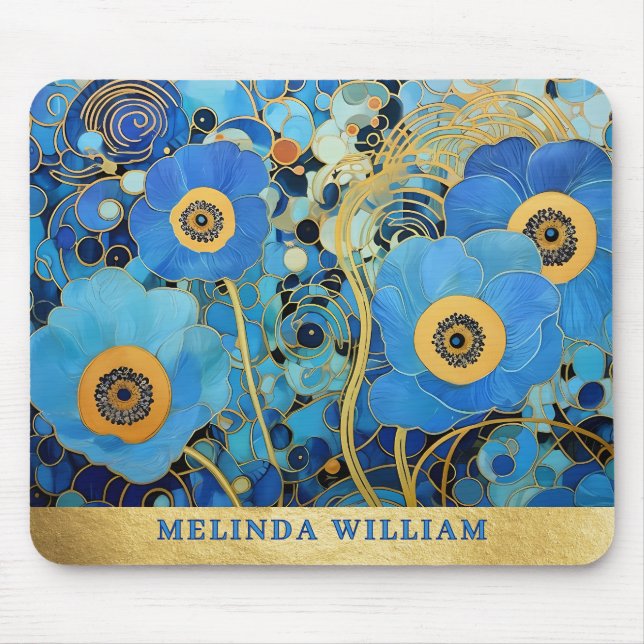 Personalisierter Name Art Blue Flowers Gold Abstra Mousepad (Vorne)