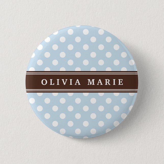 Personalisierter Name Baby Blue Polka Dots Muster Button (Vorderseite)