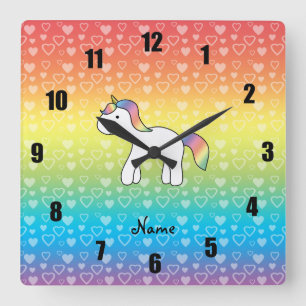 Personalisierter Name Baby Einhorn Regenbogenherze Quadratische Wanduhr