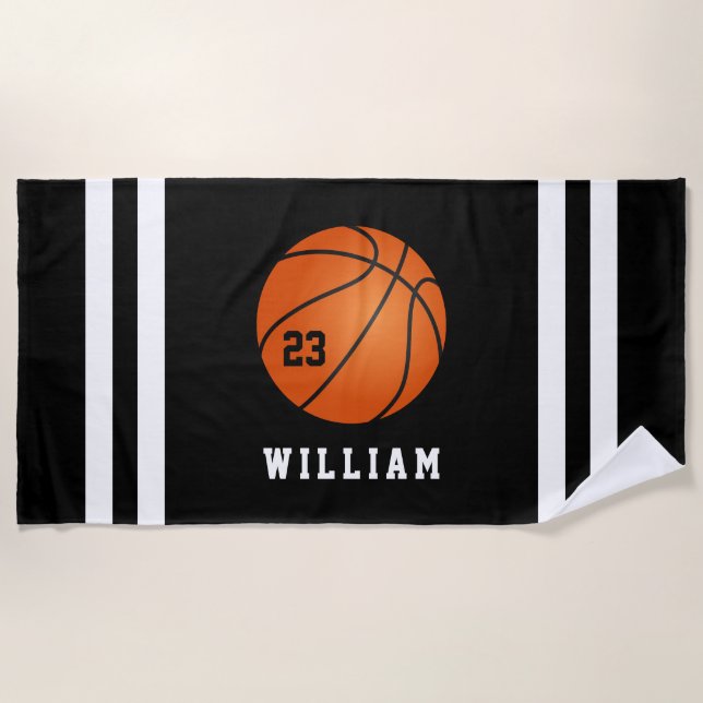 Personalisierter Name Basketball Schwarze Streifen Strandtuch (Vorderseite)