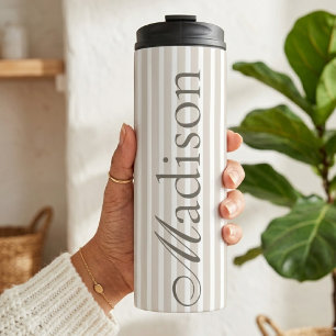 Personalisierter Name Beige Gestreift Braut Brautj Thermosbecher